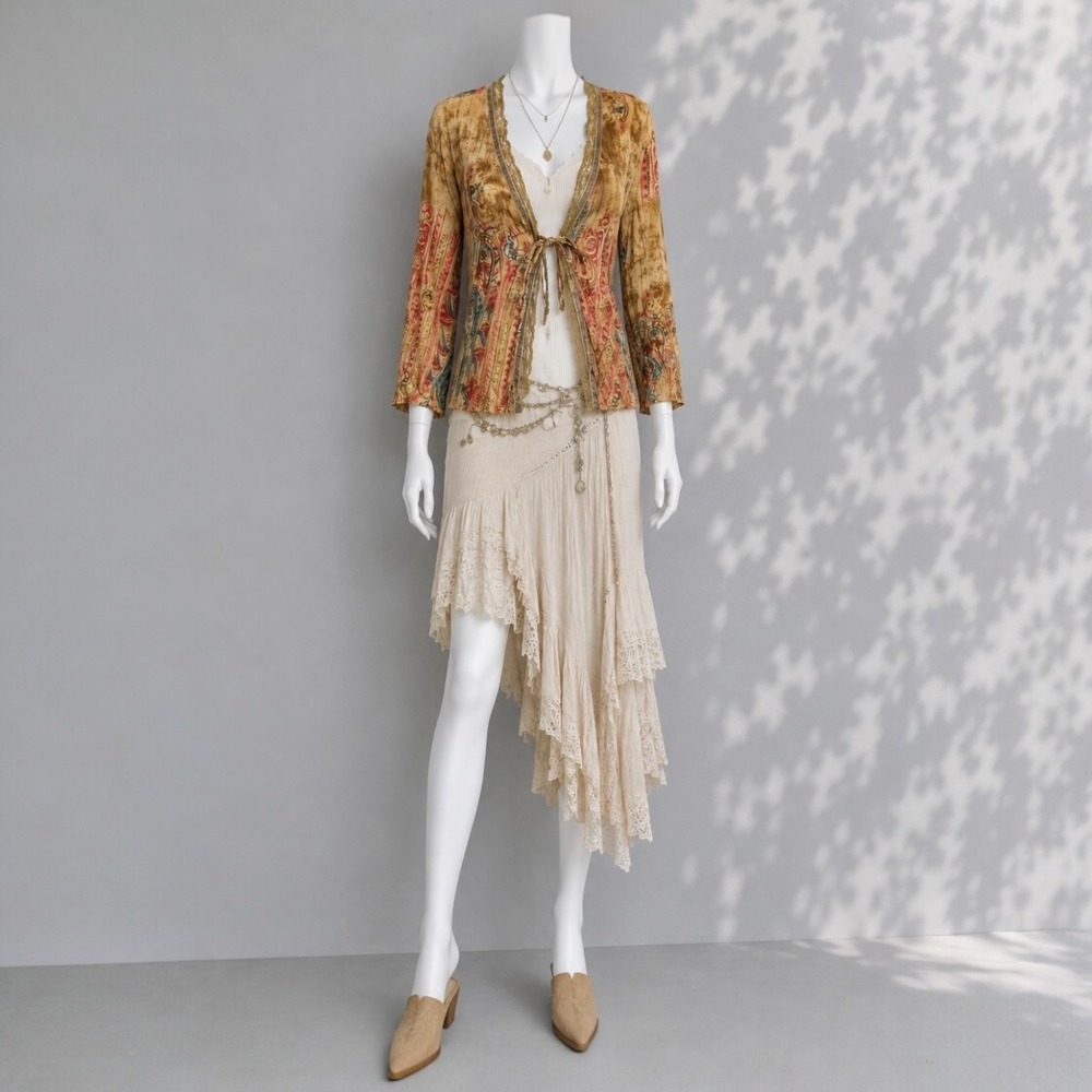 Vintage Piano Y2K Tie Front Blouse L Brown Pink Paisley Fairy Boho Festival Top - Picture 10 of 10